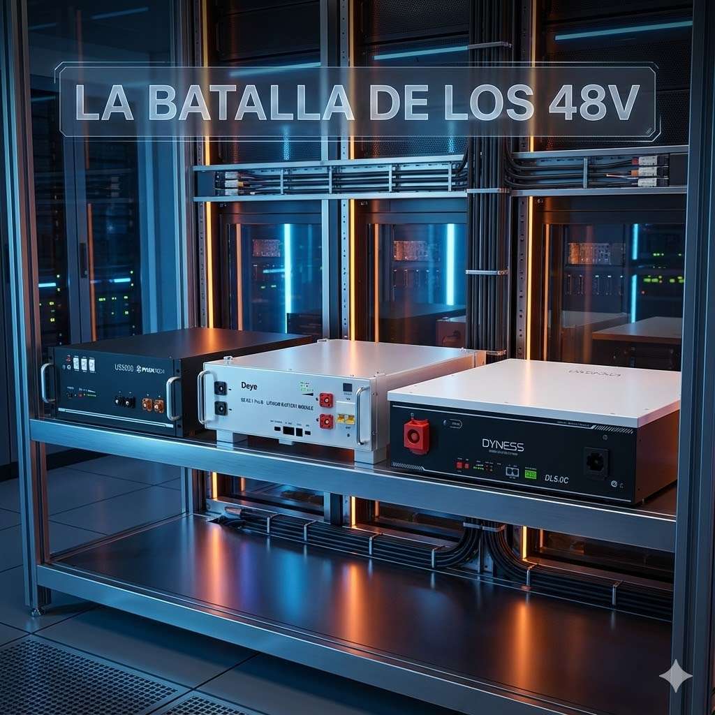 Comparativa de las mejores baterías de litio 48V para energía solar: Pylontech US5000, Deye Pro-B y Dyness DL5.0C en un entorno tecnológico