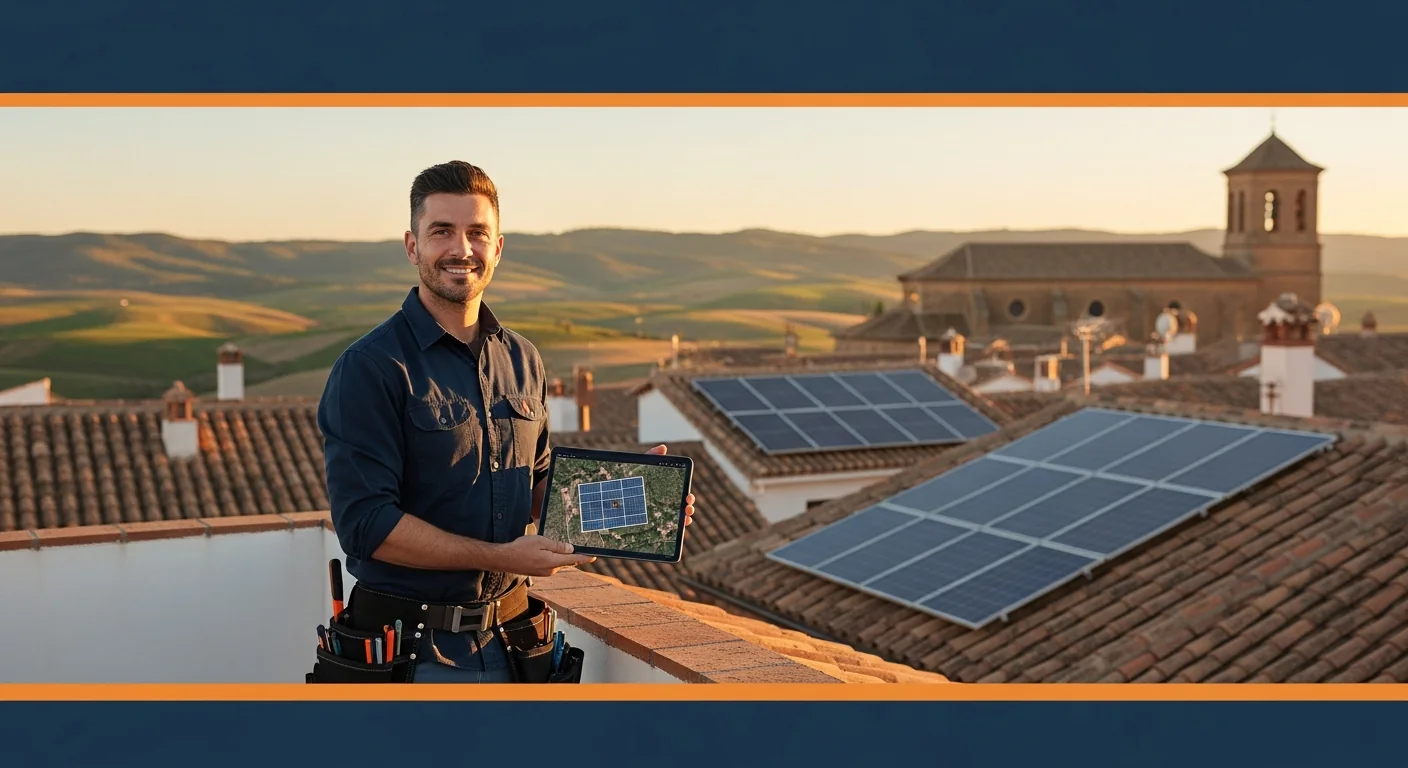 Instalador fotovoltaico usando el software SolarMaps sobre un tejado en España