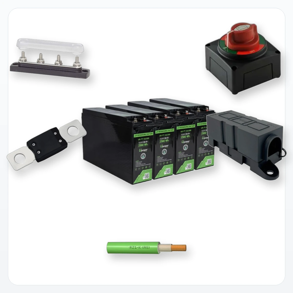 Componentes incluidos en Kit Baterías Litio Frontal 24V 400Ah 2+2 con Cableado y Protecciones