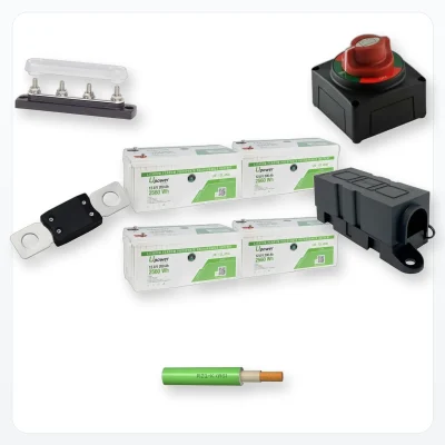 Componentes incluidos en Kit Baterías Litio Monoblock 24V 400Ah 2+2 con Cableado y Protecciones
