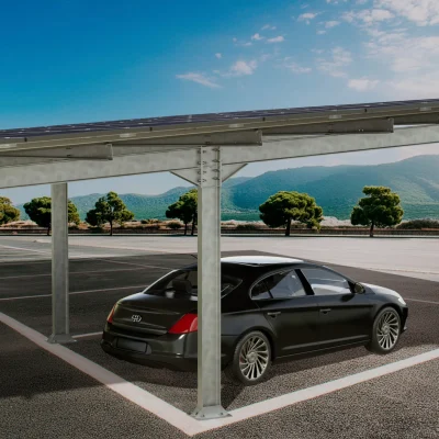 Marquesina solar Sunfer doble para 8 plazas de aparcamiento – con cubierta de chapa - CuencaSolar