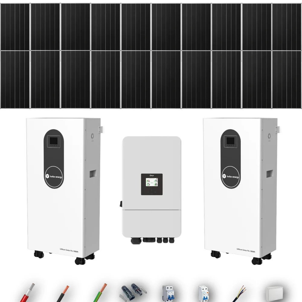 Kit Solar Aislada Deye 10kW 16xPanel Solar Aiko 665Wp 2xBatería Turbo Energy 16kWh 20 Paneles - CuencaSolar