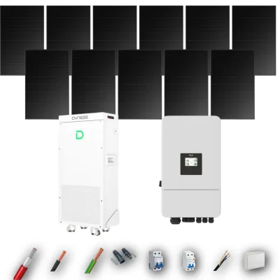 Kit Solar Full Black Aislada Deye 6kW 10xPanel Solar Hyundai 500Wp FB Batería Dyness 16kWh 11 Paneles - CuencaSolar