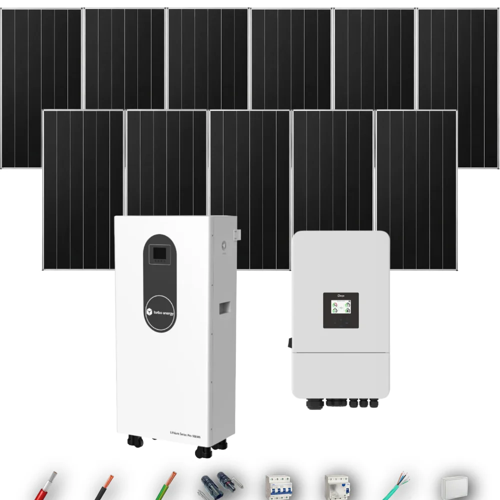 Kit Solar Trifásico Autoconsumo Deye 6kW 8xPanel Solar Aiko 665Wp Batería Turbo Energy 16kWh 11 Paneles - CuencaSolar
