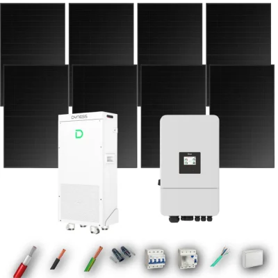 Kit Solar Trifásico Full Black Aislada Deye 5kW 5xPanel Solar Hyundai 500Wp FB Batería Dyness 16kWh 8 Paneles - CuencaSolar
