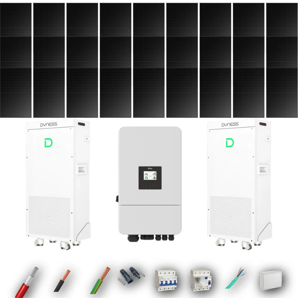 Kit Solar Trifásico Full Black Autoconsumo Deye 10kW 22xPanel Solar Hyundai 500Wp FB 2 x Batería Dyness 16kWh 27 Paneles - CuencaSolar