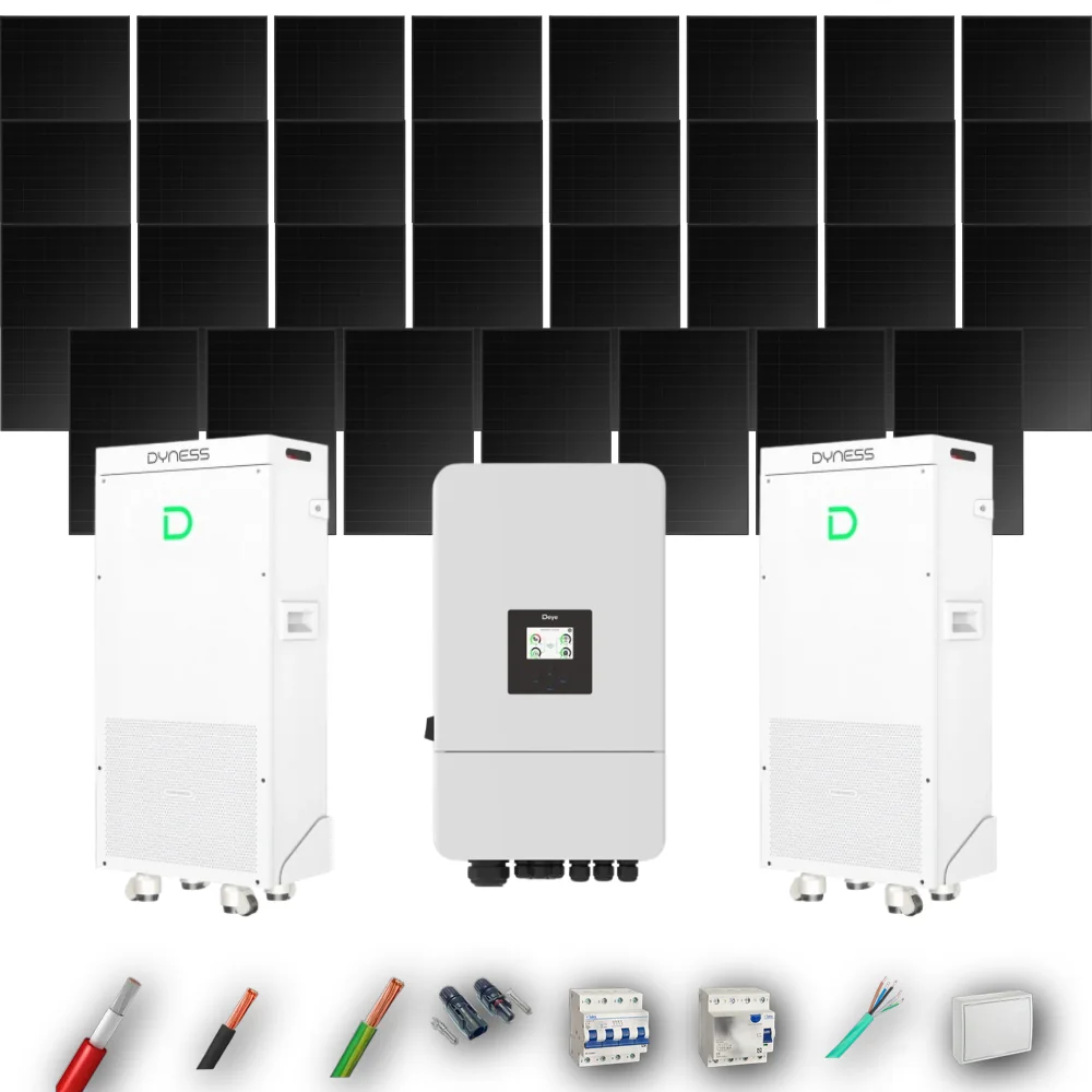 Kit Solar Trifásico Full Black Autoconsumo Deye 12kW 29xPanel Solar Hyundai 500Wp FB 2 x Batería Dyness 16kWh 31 Paneles - CuencaSolar
