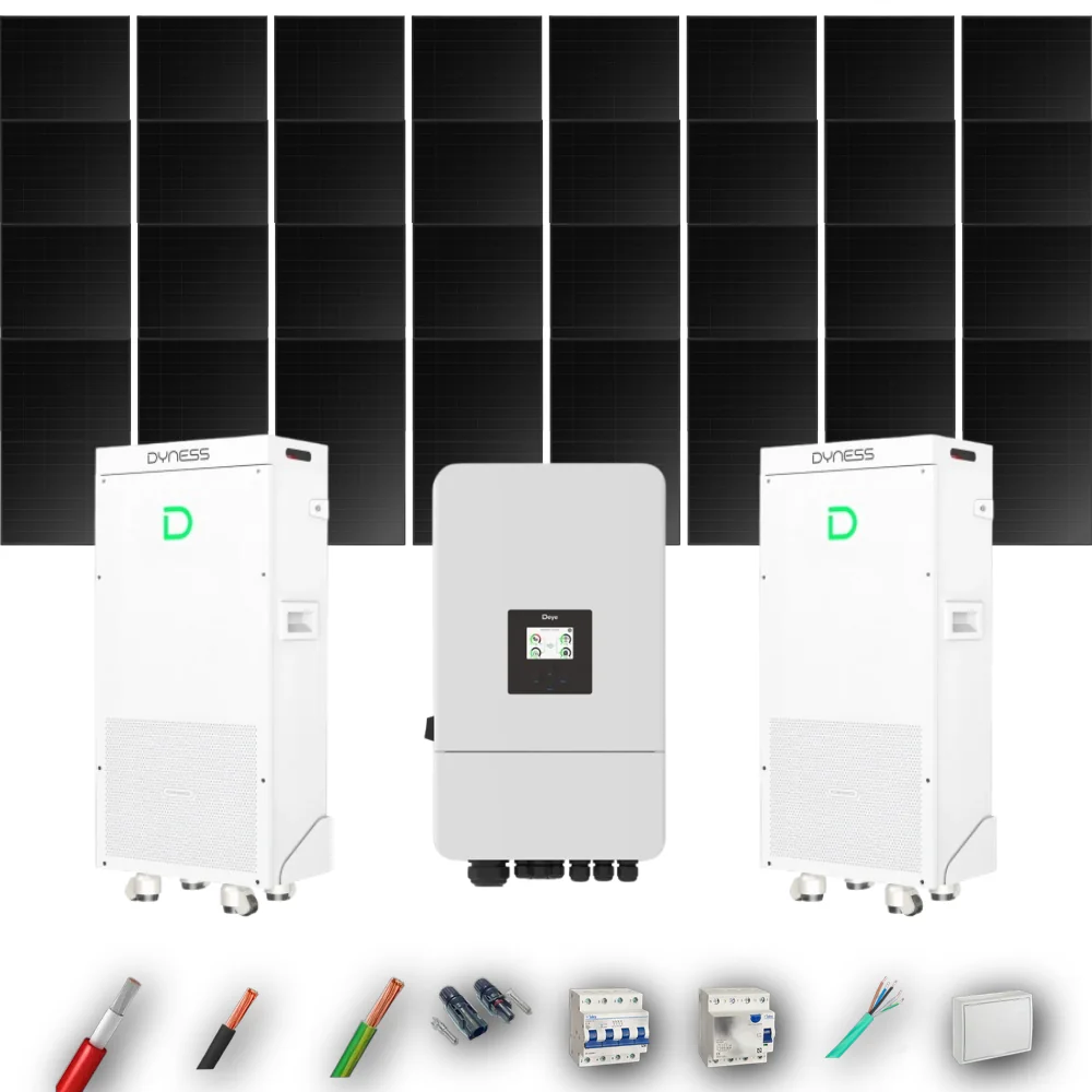 Kit Solar Trifásico Full Black Autoconsumo Deye 12kW 29xPanel Solar Hyundai 500Wp FB 2 x Batería Dyness 16kWh 32 Paneles - CuencaSolar