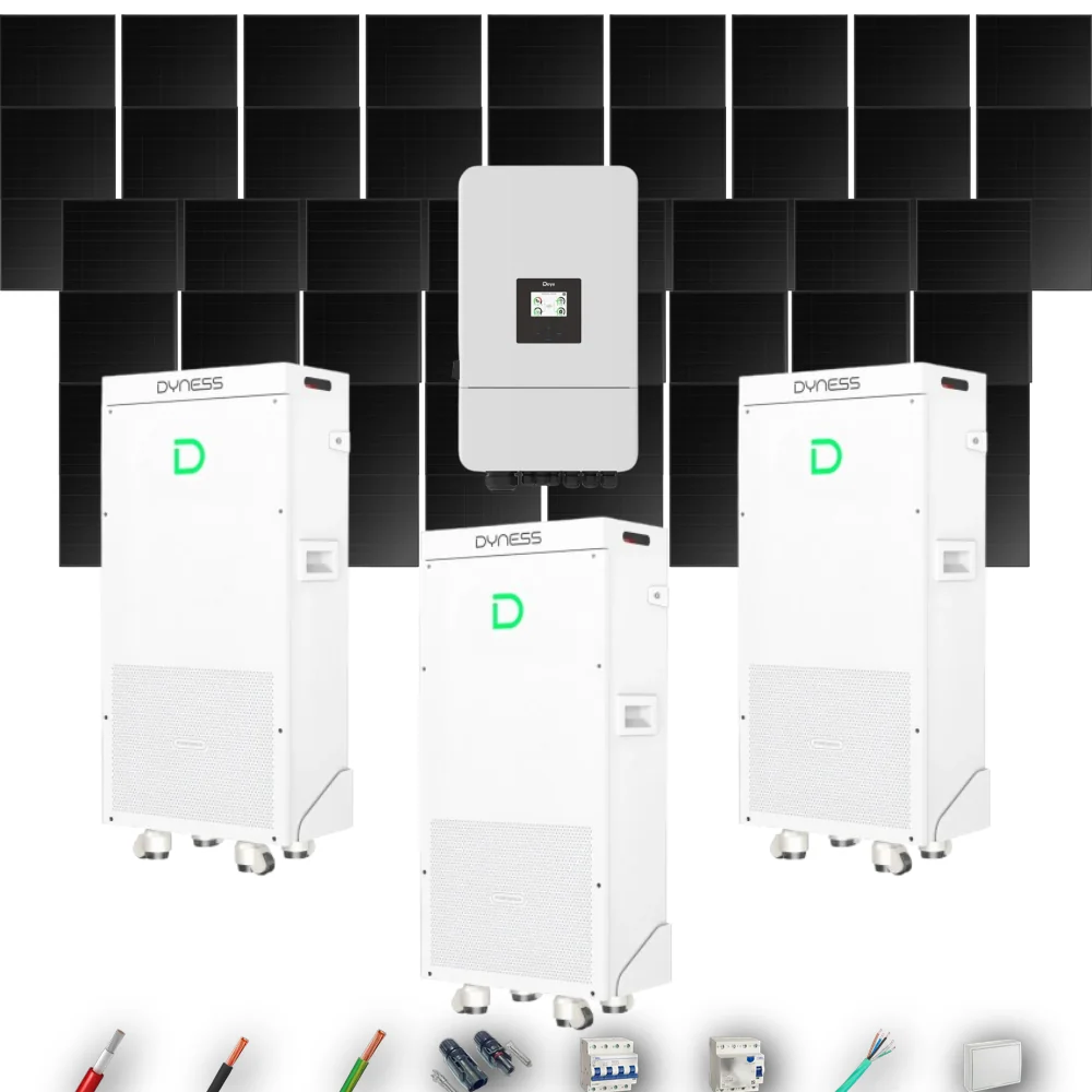 Kit Solar Trifásico Full Black Autoconsumo Deye 15kW 34xPanel Solar Longi 475Wp 3 x Batería Dyness 16kWh 42 Paneles - CuencaSolar