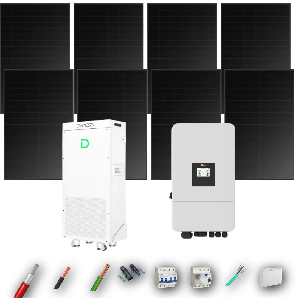 Kit Solar Trifásico Full Black Autoconsumo Deye 5kW 5xPanel Solar Hyundai 500Wp FB Batería Dyness 16kWh 8 Paneles - CuencaSolar