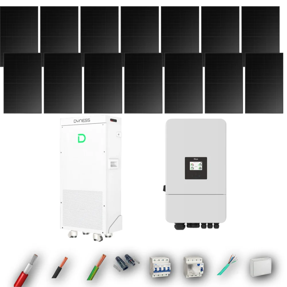 Kit Solar Trifásico Full Black Autoconsumo Deye 6kW 10xPanel Solar Hyundai 500Wp FB Batería Dyness 16kWh 14 Paneles - CuencaSolar