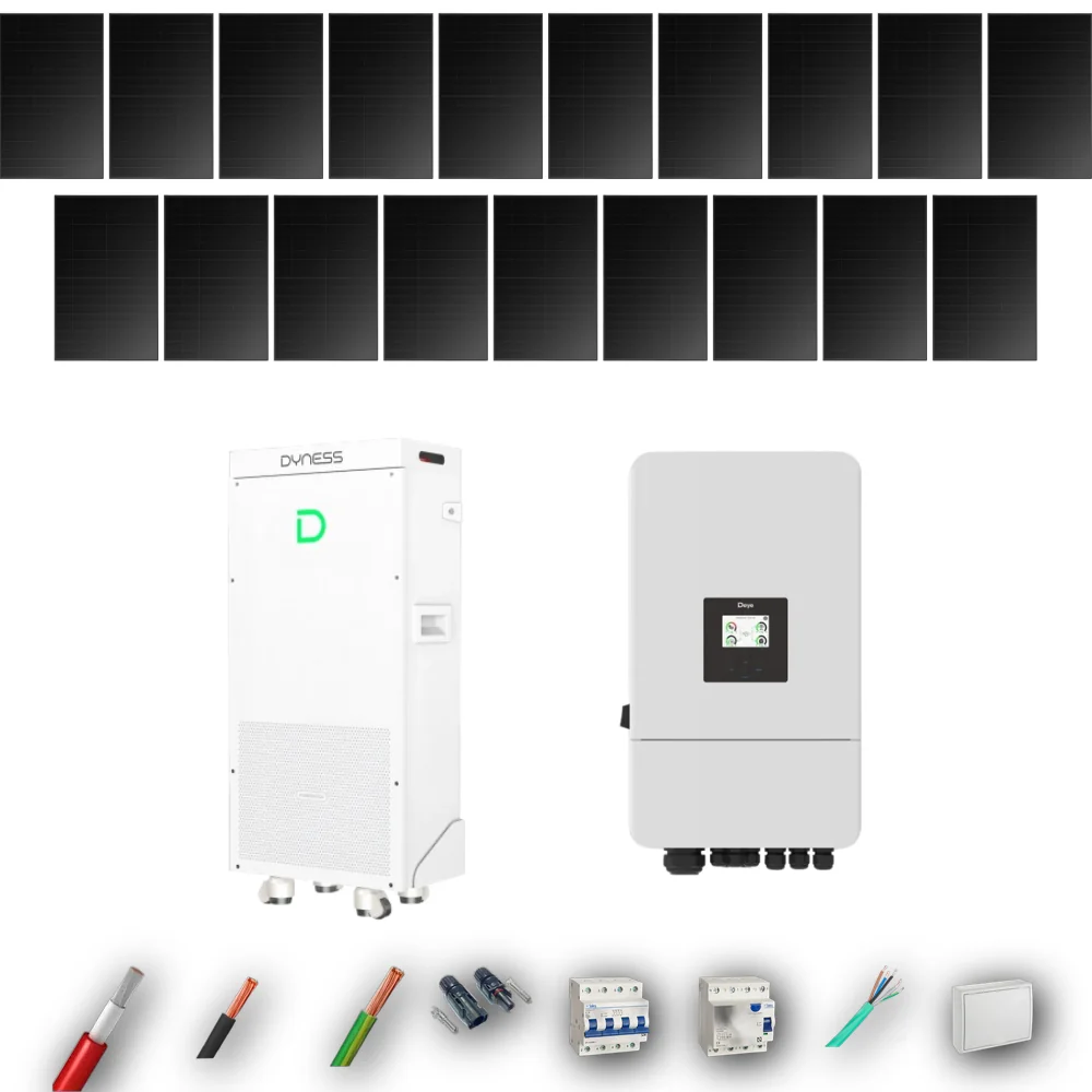 Kit Solar Trifásico Full Black Autoconsumo Deye 8kW 16xPanel Solar Hyundai 500Wp FB Batería Dyness 16kWh 19 Paneles - CuencaSolar