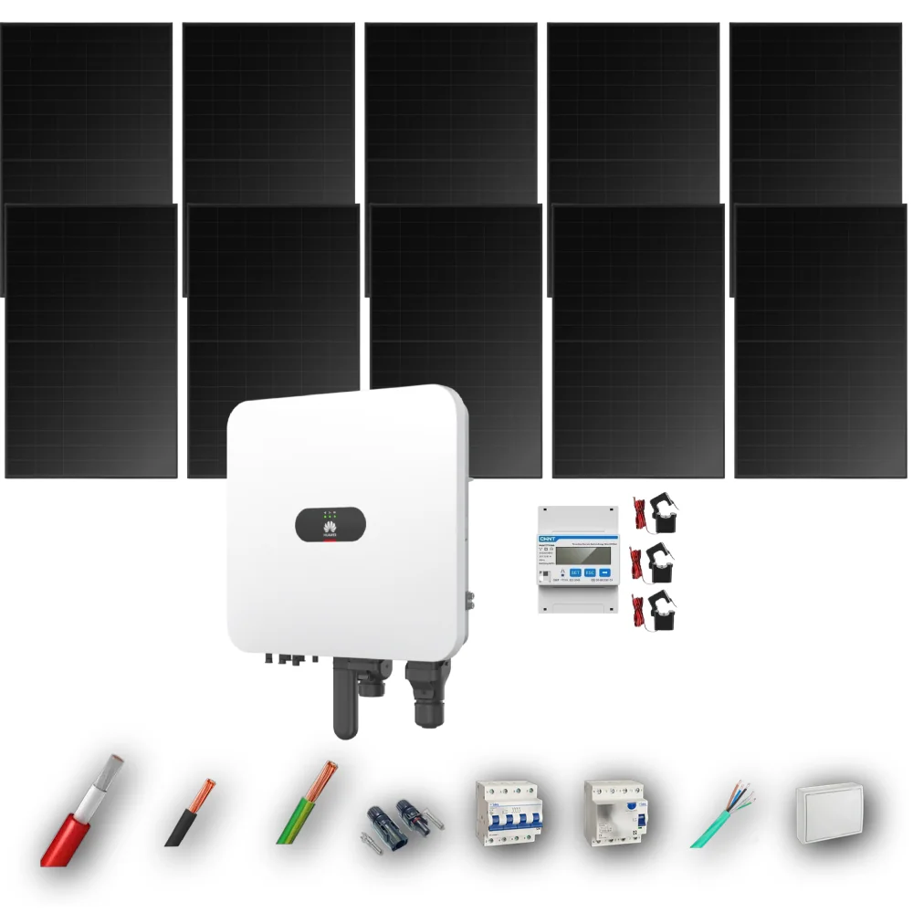 Kit Solar Trifásico Full Black Autoconsumo Huawei 5kW 4xPanel Solar Hyundai 500Wp 10 Paneles - CuencaSolar