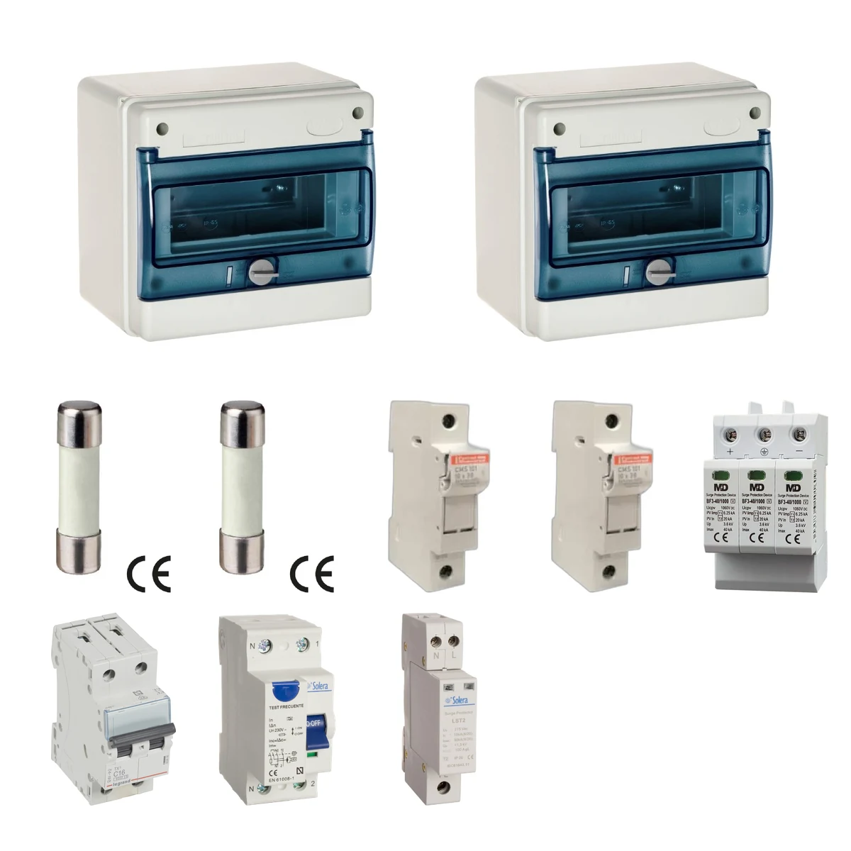 Kit de 2 cuadros fotovoltaicos: DC 1 string 16A gPV y AC 16A monofásico – 1000V: dos envolventes y protecciones principales