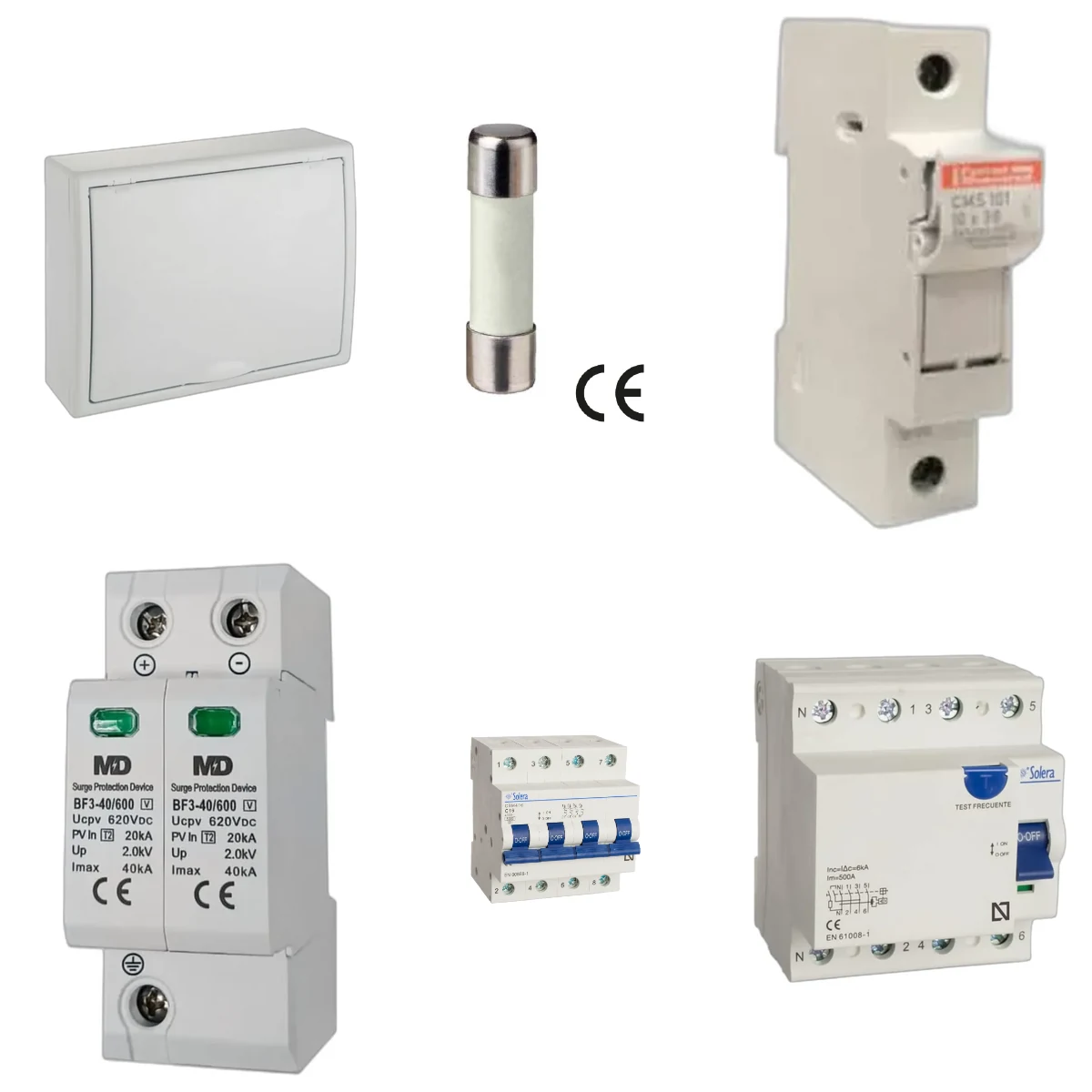 Envolvente y protecciones incluidas en Kit de cuadro fotovoltaico: DC 1 string 16A gPV y AC 16A trifásico – 600V