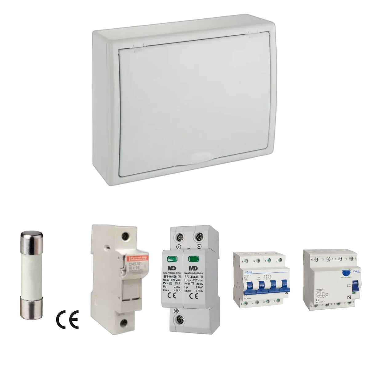 Kit de cuadro fotovoltaico: DC 1 string 16A gPV y AC 16A trifásico – 600V: una envolvente y las protecciones incluidas