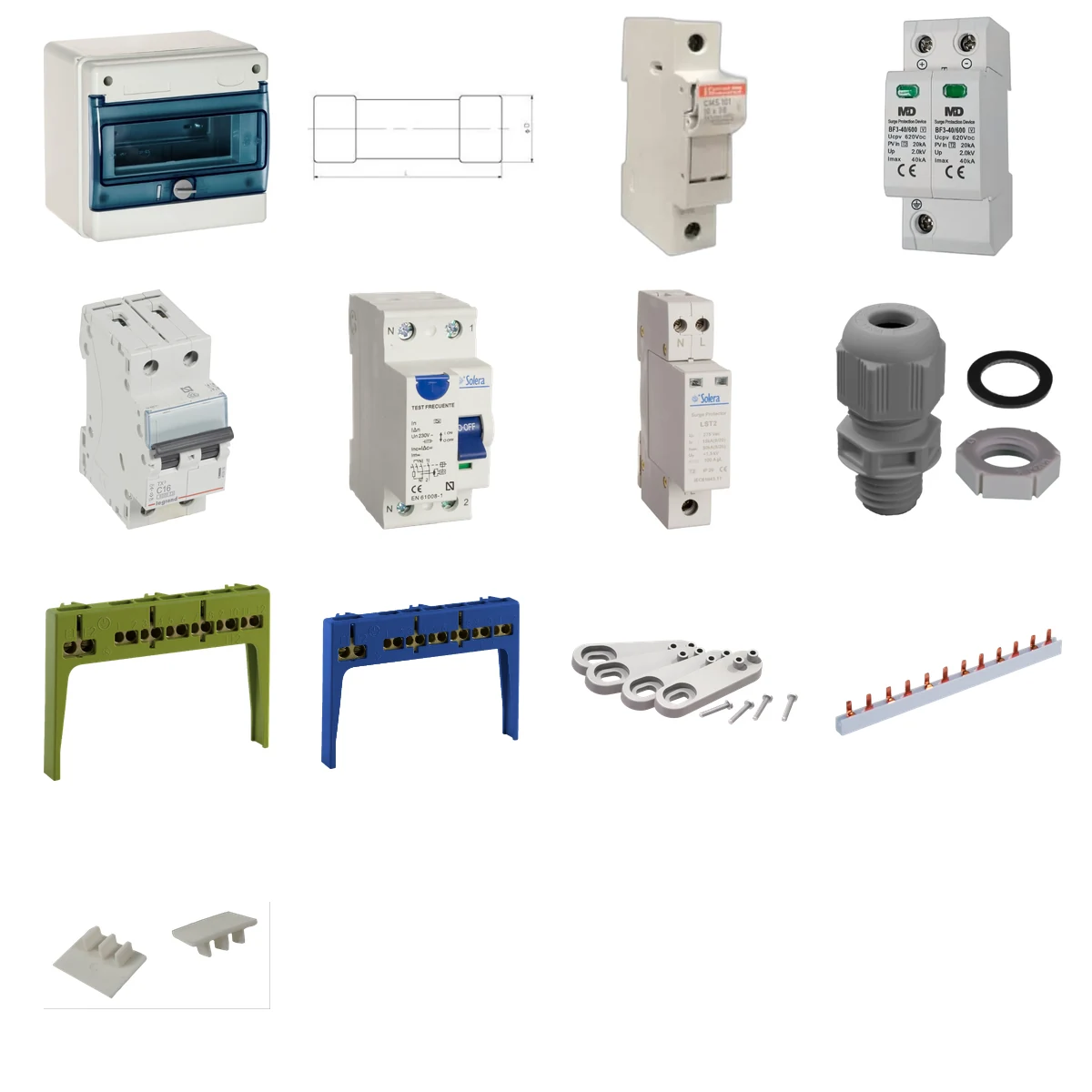 Componentes principales de Kit de 2 cuadros fotovoltaicos: DC 1 string 20A gPV y AC 16A monofásico – 600V