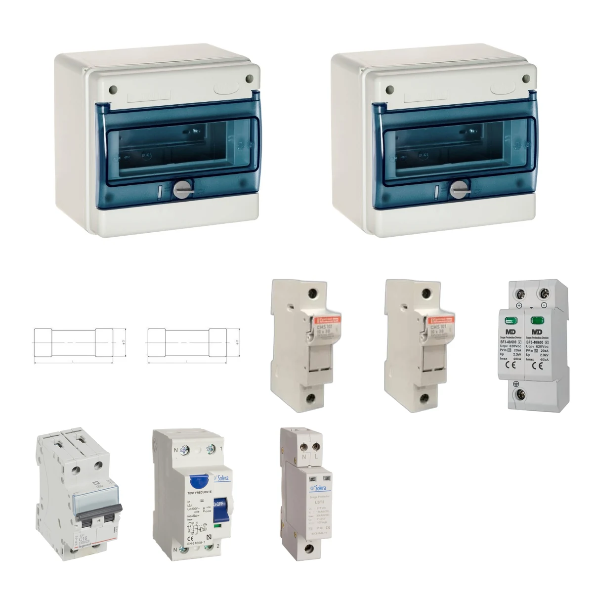 Kit de 2 cuadros fotovoltaicos: DC 1 string 20A gPV y AC 16A monofásico – 600V: dos envolventes y protecciones principales