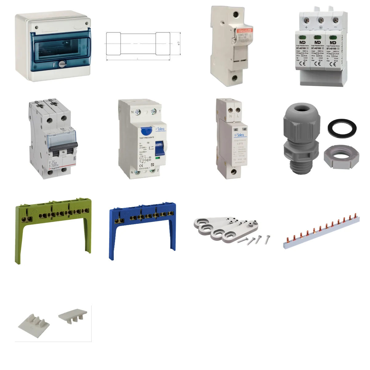 Componentes principales de Kit de 2 cuadros fotovoltaicos: DC 1 string 20A gPV y AC 32A monofásico – 1000V