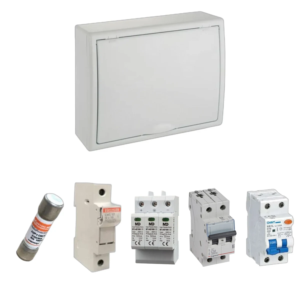 Kit de cuadro fotovoltaico: DC 1 string 30A gPV y AC 32A monofásico – 1000V: una envolvente y las protecciones incluidas