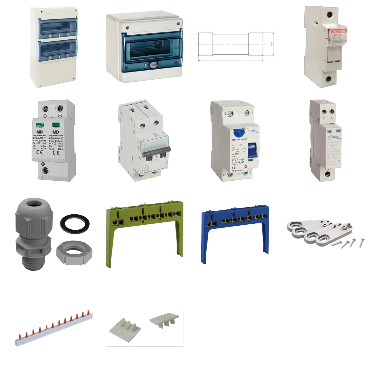 Componentes principales de Kit de 2 cuadros fotovoltaicos: DC 2 strings 20A gPV y AC 16A monofásico – 600V
