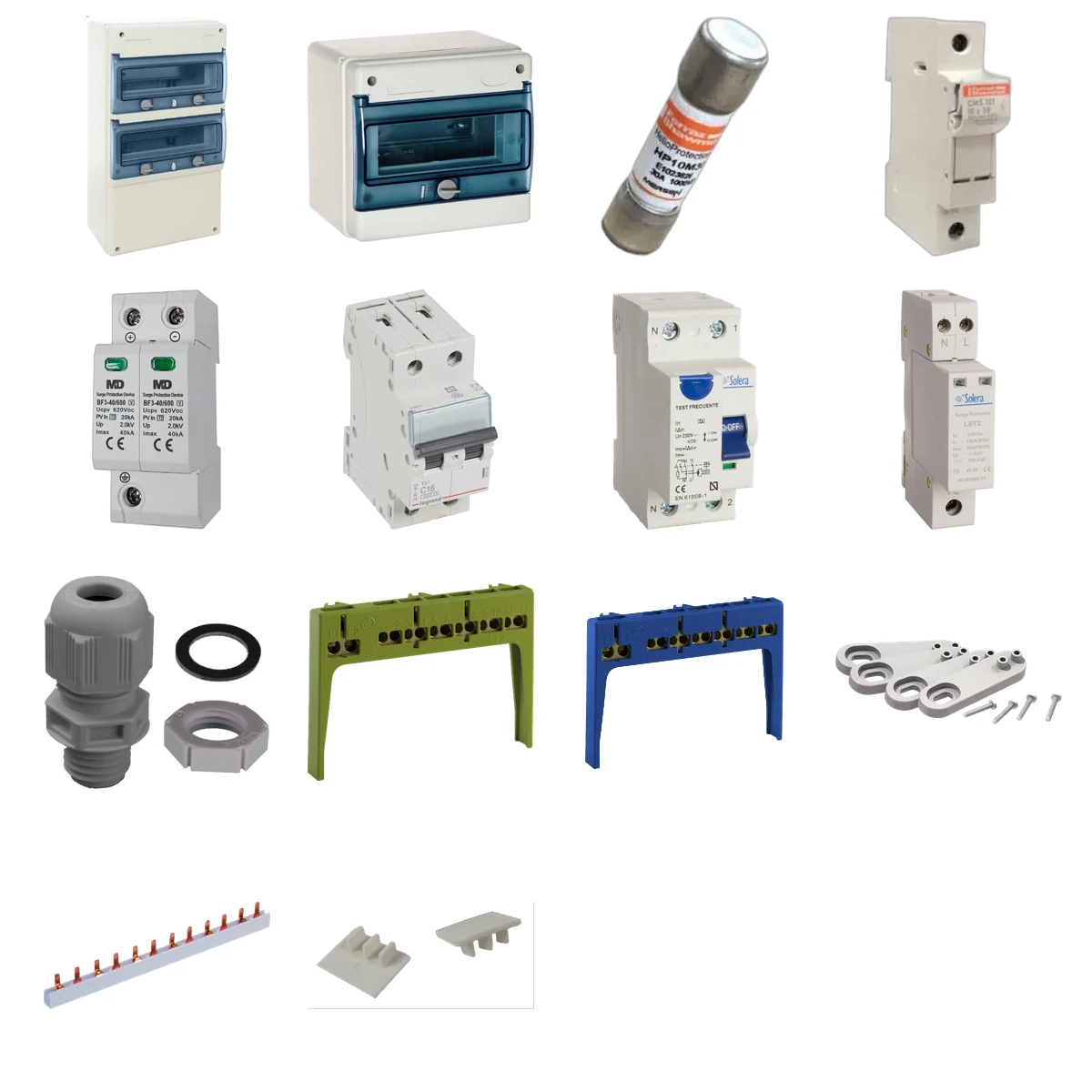 Componentes principales de Kit de 2 cuadros fotovoltaicos: DC 2 strings 30A gPV y AC 16A monofásico – 600V