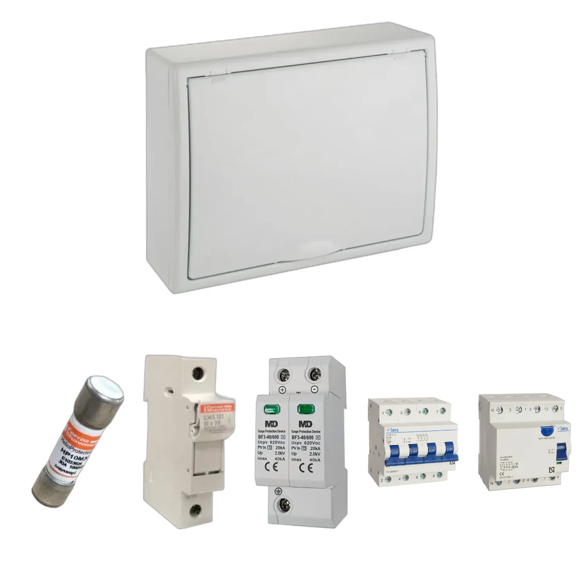 Kit de cuadro fotovoltaico: DC 2 strings 30A gPV y AC 16A trifásico – 600V: una envolvente y las protecciones incluidas