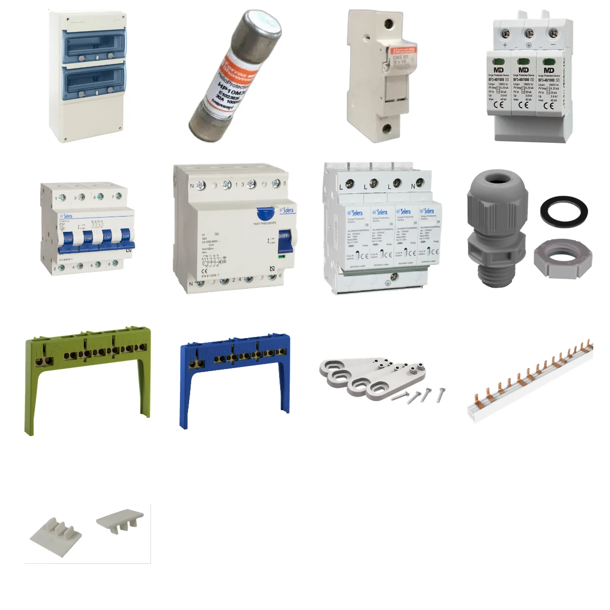 Componentes principales de Kit de 2 cuadros fotovoltaicos: DC 2 strings 30A gPV y AC 32A trifásico – 1000V