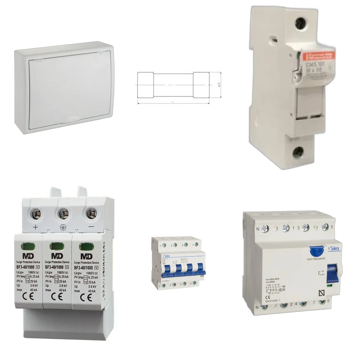 Envolvente y protecciones incluidas en Kit de cuadro fotovoltaico: DC 3 strings 20A gPV y AC 16A trifásico – 1000V