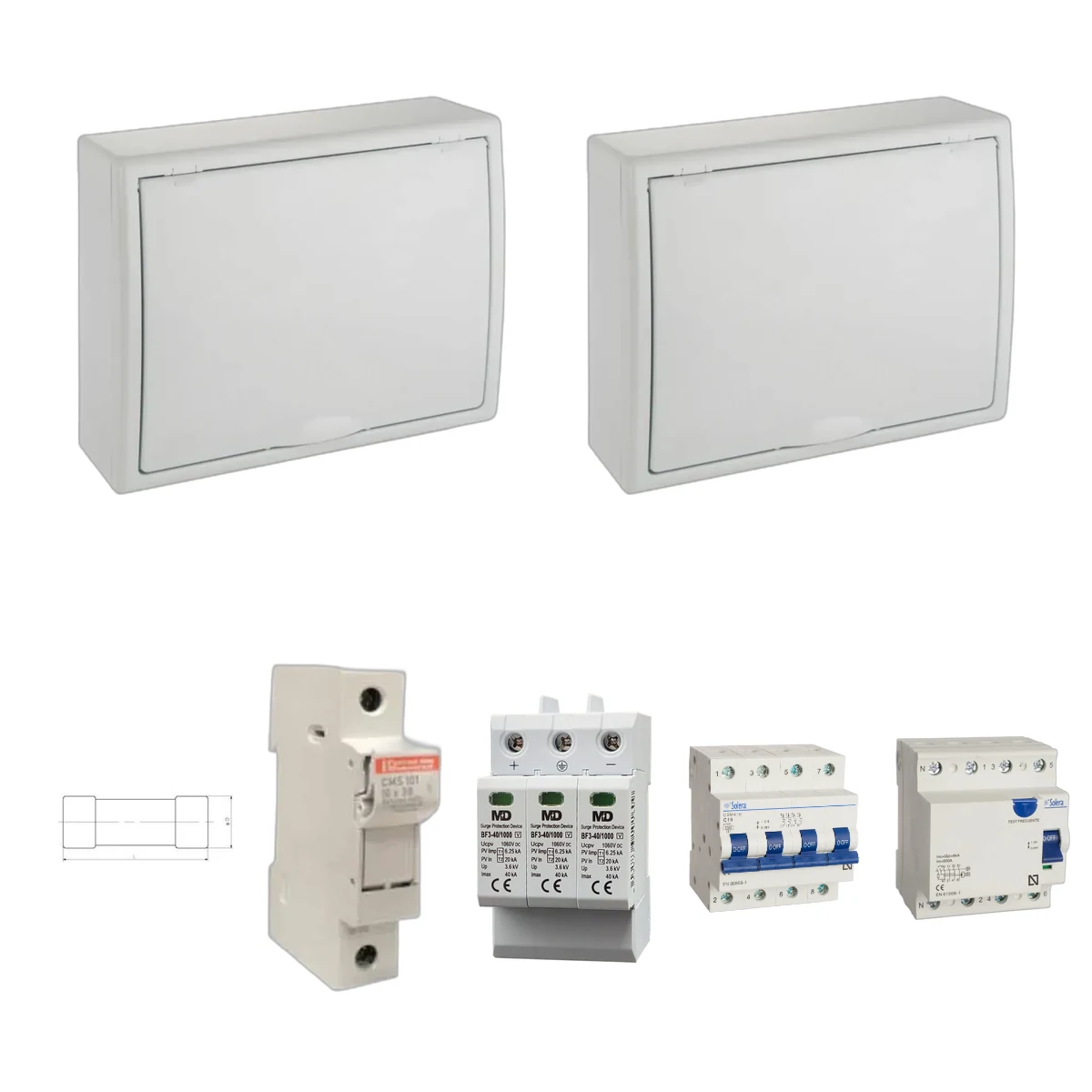 Kit de cuadro fotovoltaico: DC 3 strings 20A gPV y AC 16A trifásico – 1000V: dos envolventes y las protecciones incluidas