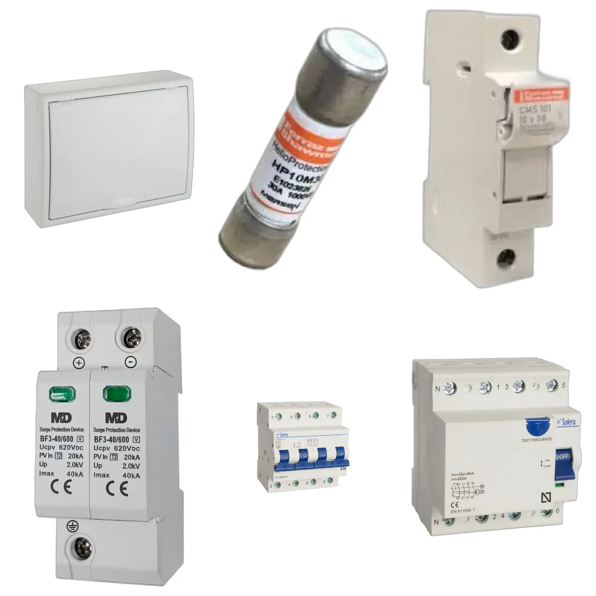 Envolvente y protecciones incluidas en Kit de cuadro fotovoltaico: DC 3 strings 30A gPV y AC 16A trifásico – 600V