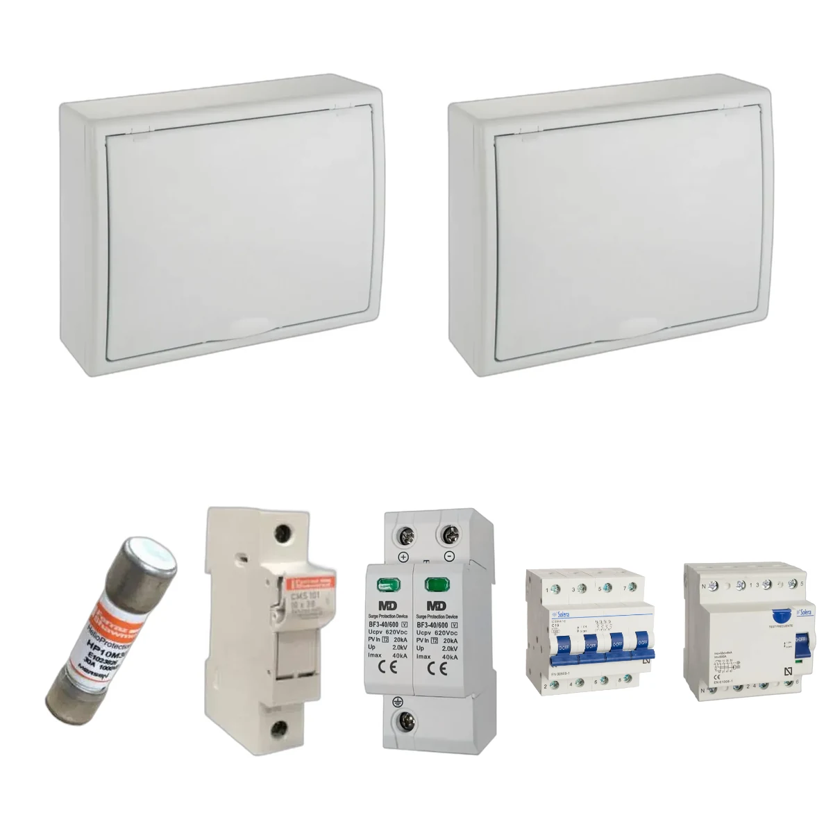 Kit de cuadro fotovoltaico: DC 3 strings 30A gPV y AC 16A trifásico – 600V: dos envolventes y las protecciones incluidas