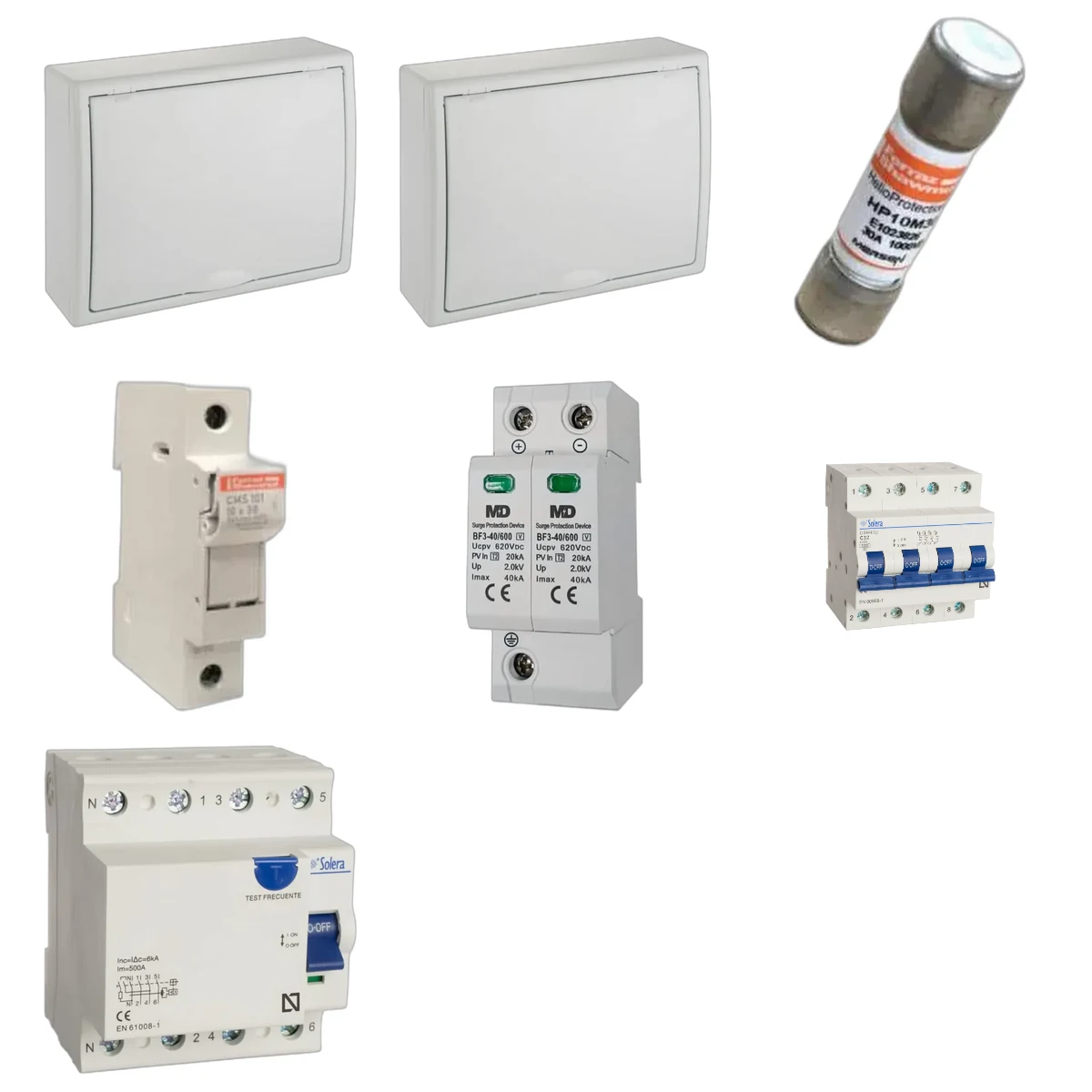 Envolvente y protecciones incluidas en Kit de cuadro fotovoltaico: DC 4 strings 30A gPV y AC 32A trifásico – 600V