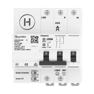 Conmutador de respaldo monofásico Hoymiles HiSwitch 100 A para sistema HiOne (HiSwitch-100S-G3) - CuencaSolar